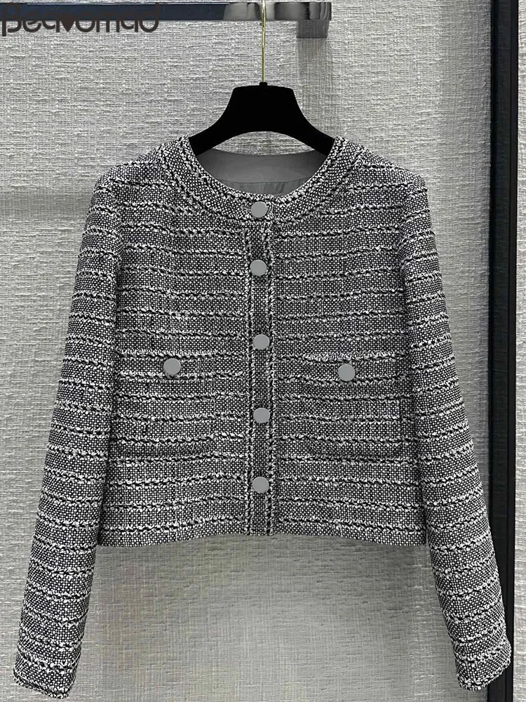 

Fashion Runway Autumn Grey Color Weave Casual Jacket Women's O-Neck Button Pocket Straight Barrel Long Sleeve Jacket