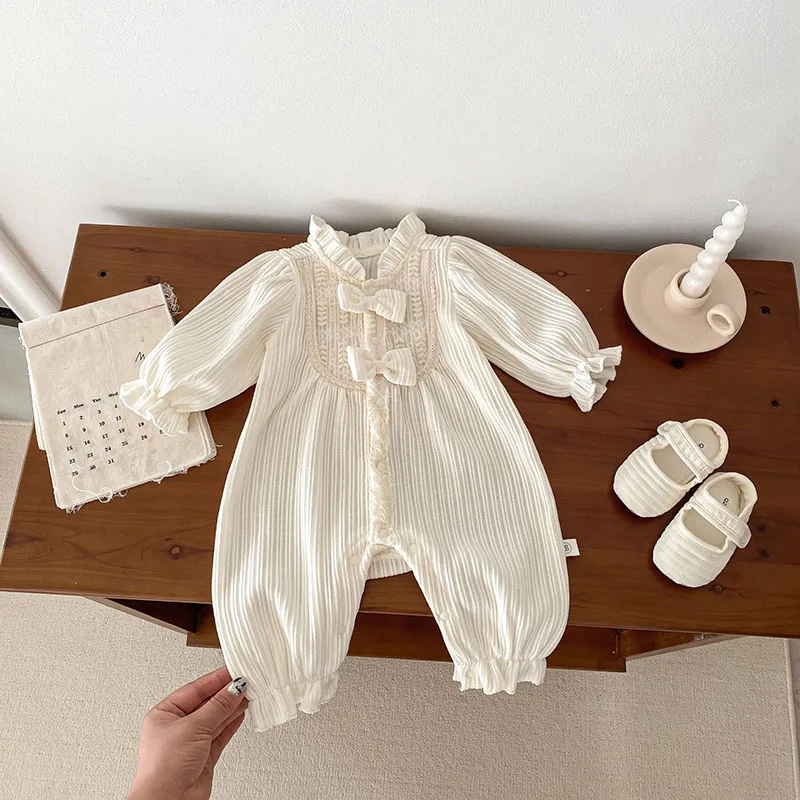 Beige Baby Romper Jumpsuit for Girls Autumn Outwear