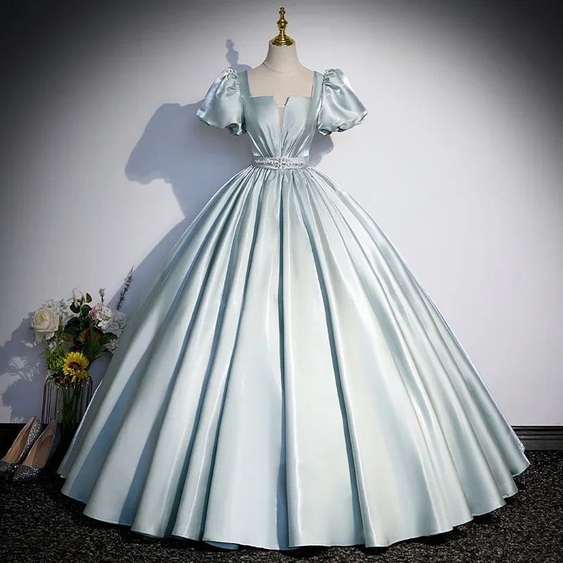 

French Luxury Square Collar Puff Short Sleeve Formal Evening Dresses High End Slim Waist Floral Appliques Vestidos Simple Gown