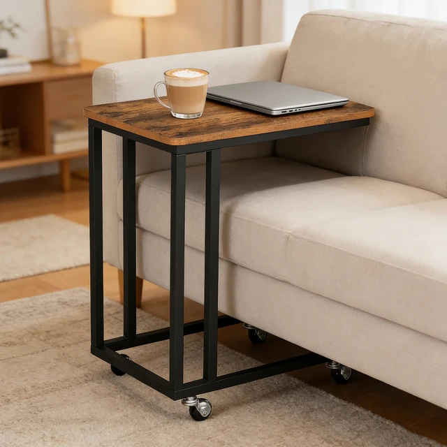 Table d'appoint de canapé avec roulettes, petite table basse mobile en forme de C, cadre métallique pour salon, chambre, support pour ordinateur portable, plateau TV, style vintage 1