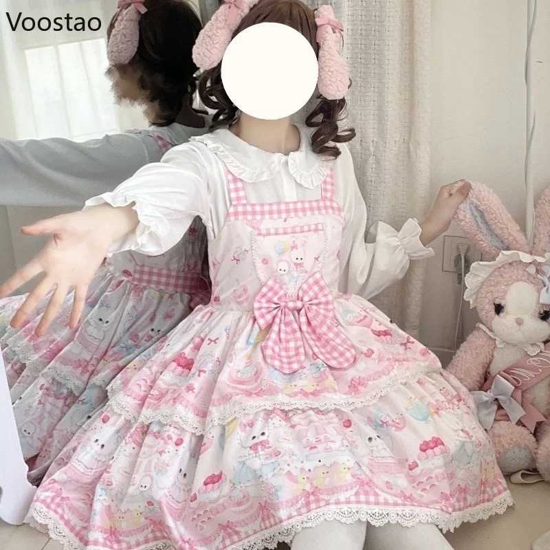 Japanese Sweet Lolita Jsk Dress Women Cartoon Bunny Print Bow Lace Ruffles Strap Dress Girls Tea Party Mini Dresses Cute