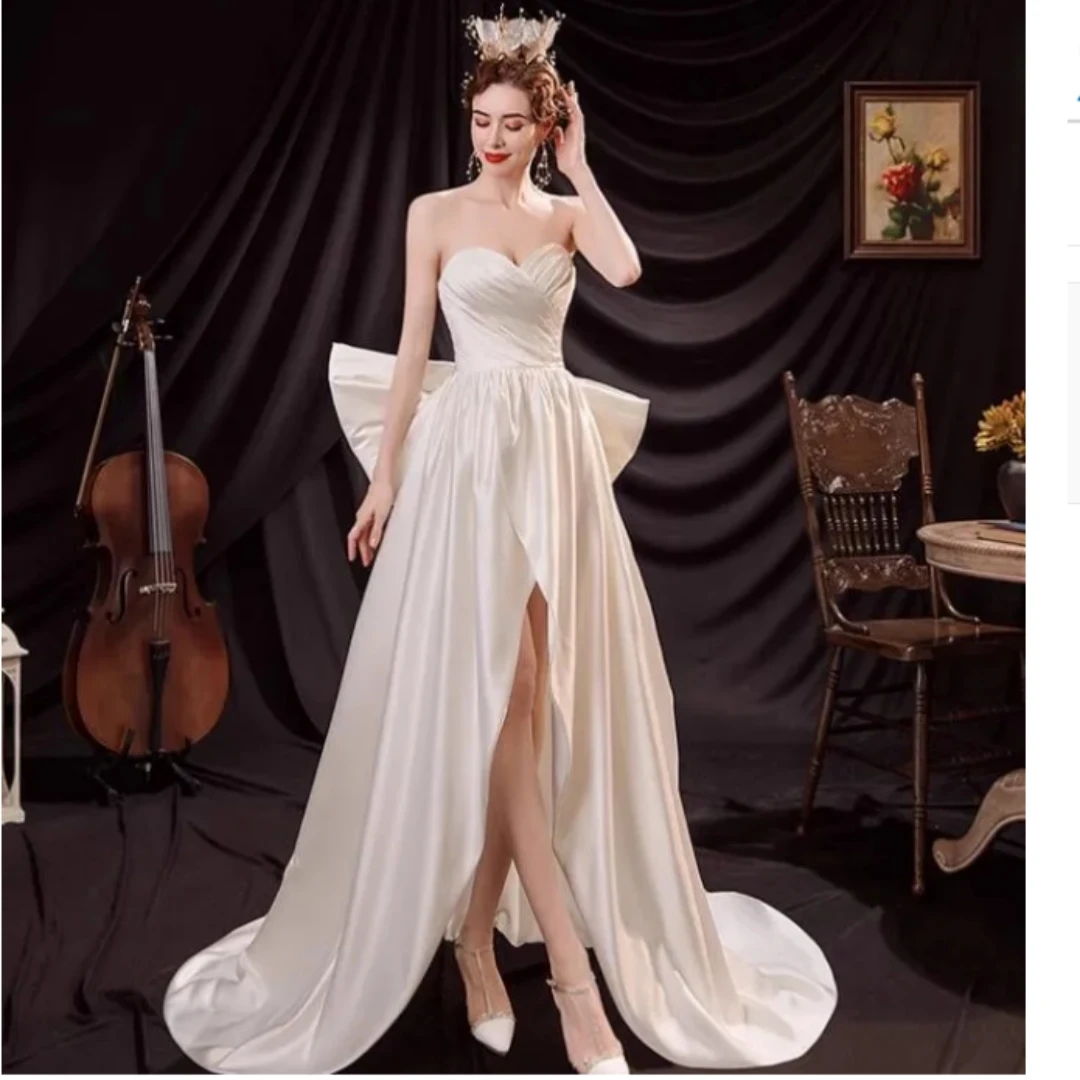 

2024 Elegant Sweetheart Satin A-Line Ruched Split Wedding Dresses Court Train Wedding Gown With Bow Vestidos De Novia Custom