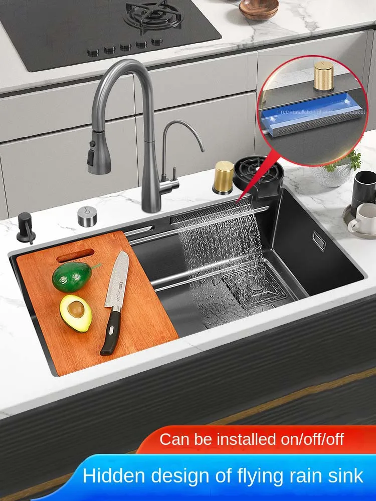 

Kitchen 304 stainless steel rainwater waterfall sink upgrade home washbasin black washbasin single-slot under-counter basin