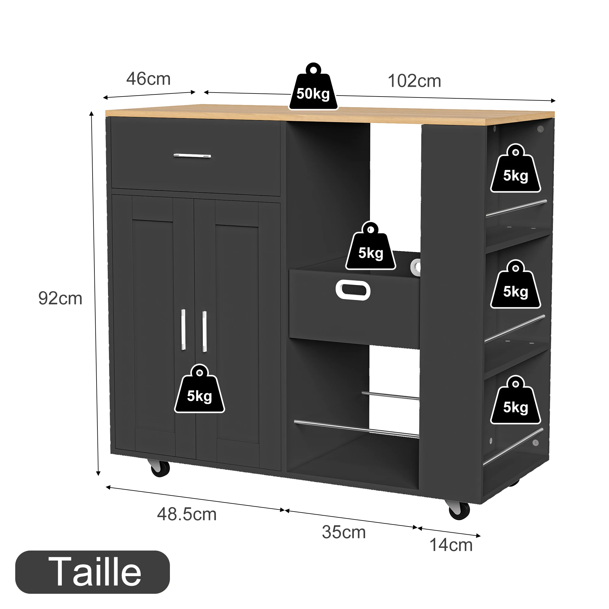 Rosahqnda Mobile Kücheninsel, Küchenwagen, abnehmbare Aufbewahrungsbox, Tischplatte aus Eichenholz, Aufbewahrungsschränke für Esszimmer, Wohnzimmer – Detail 7