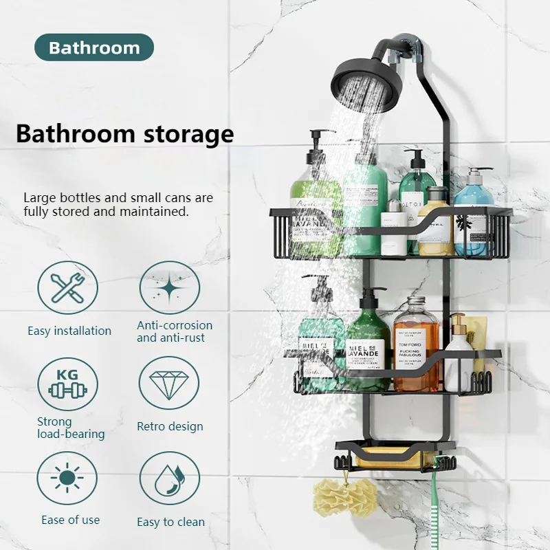 3-Tier Bathroom Rack Hanging Shower Head Caddy Multifunctional No Drilling Shampoo Conditioner Soap Shelf