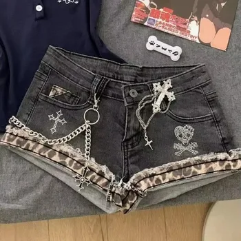 Y2k Vintage Denim Shorts Fashionable Kpop Hot Pants 2000s Women Clothes Harajuku Streetwear Chic Trendy Patchwork Jeans Shorts 1