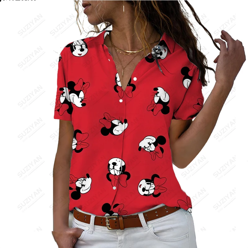 

Summer Disney Shirt Short Sleeve Button Style Cardigan Top 3D Printed Casual Harajuku Comfortable V-Neck Large Rainbow Mickey