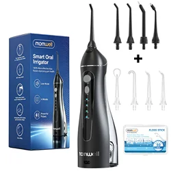 Mornwell Portable USB Rechargeable Water Flosser with 4 Nozzles and 200ml Tank - Waterproof Oral Irrigator (Black Set 2)