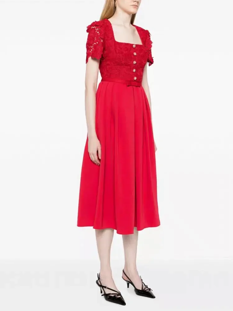 

Женское однобортное платье средней длины, повседневное кружевное платье с квадратным вырезом и высокой талией, весна-лето 2024