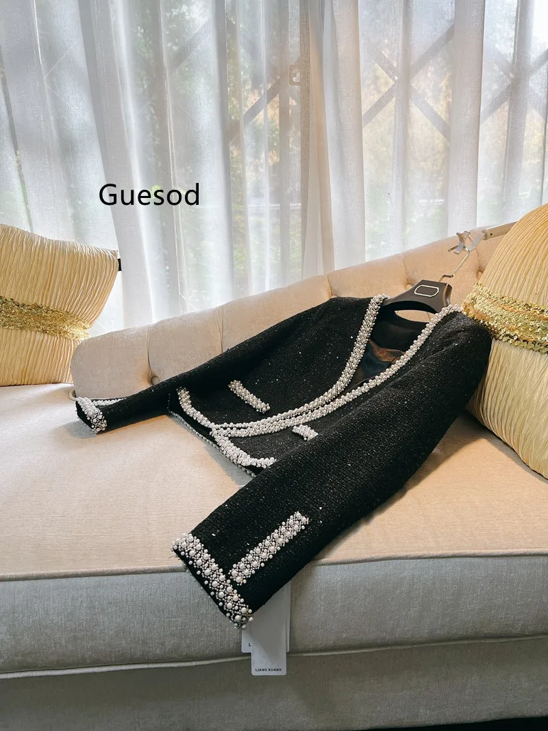 

Women Beading Coat Designer Exquisite Black Elegant Top Quality Ladies Outerwear Winter New