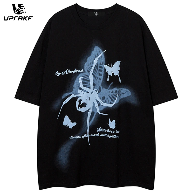 

UPRAKF Butterfly Spider Graphic Print T Shirt American Funny Retro Short Sleeve Summer Loose Pure Cotton Streetwear Oversize