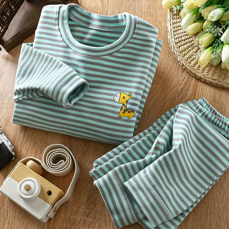 Autumn Winter Kids Pajamas Set Pullover Striped Thermal Children Sleepwear Sets Children Clothing Baby Long Johns Set
