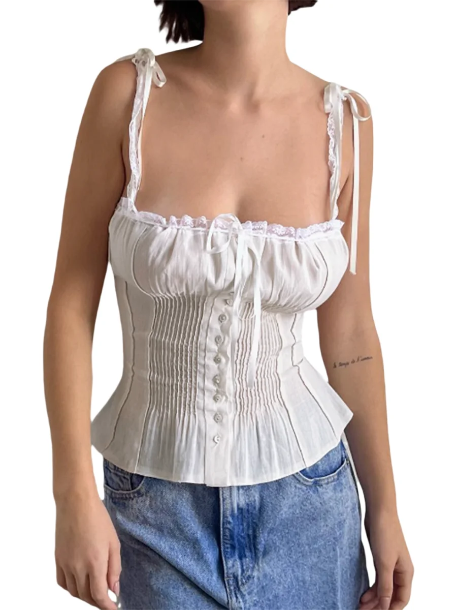 Fairy Cottage Y2K Crop Tops Kawaii Ribbons Bowknot Lace Trim Camisole Low Cut Button Up Slim Fit Vest 90s Vintage Women Tank Top
