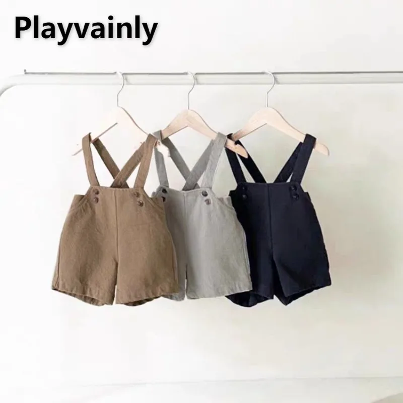 New Summer Baby Girl Boy Loose Overalls Solid Color Adjustable Button Straps Short Pants Fashion Newborn Clothes E54943