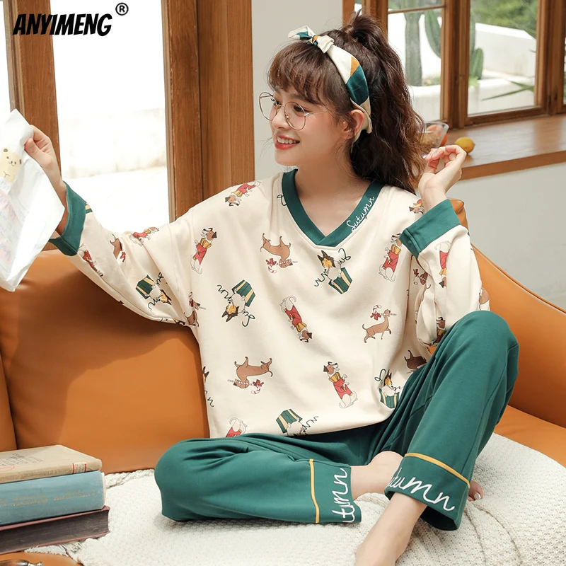 Pijamas Women 2 Piece Set Women 5XL Pajamas Set Cotton Autumn Winter Casual Kawaii Cat Printing Design Sleepwear for Yound Lady