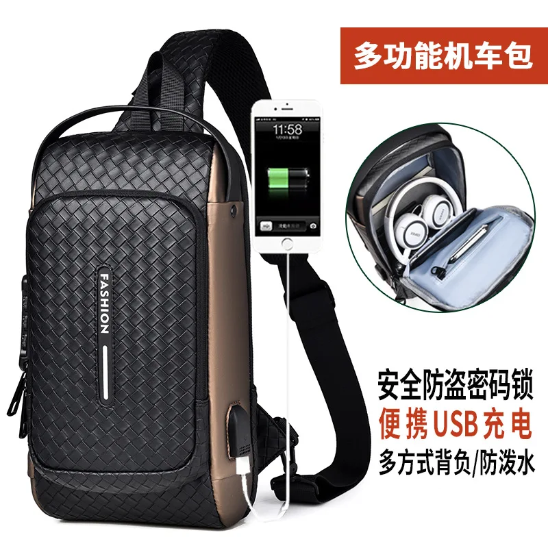 

Men's chest pu shoulder large capacity outdoor USB charging soft motorcycle crossbody bag