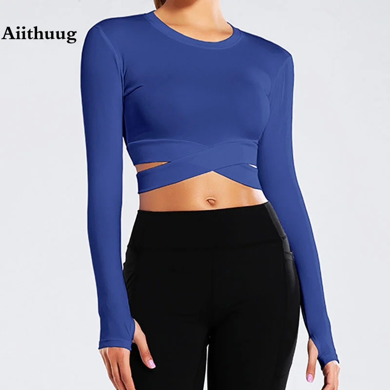 Yoga Top Aiithuug Miidriff Long Sleeve Sports Fitness Crop Gym Shirts Slim Fit Running Tank Tops Criss Cross Waist Cross