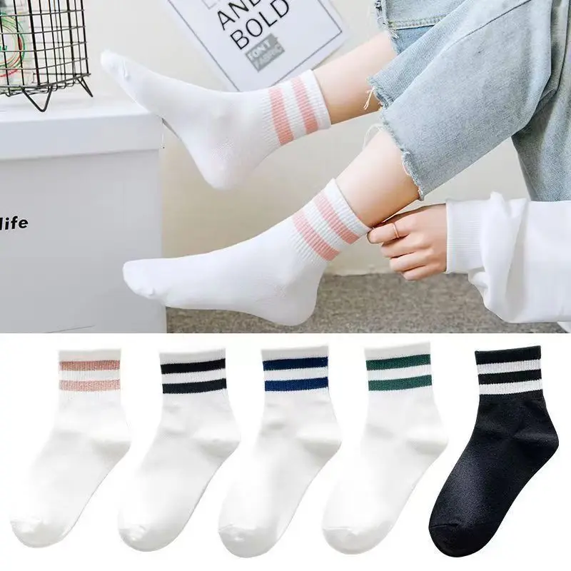 

5 Pairs Women's Colorful Parallel Bars Mid Tube Socks Sports Sweat Absorption Breathability Versatile Girls Round Neck Socks