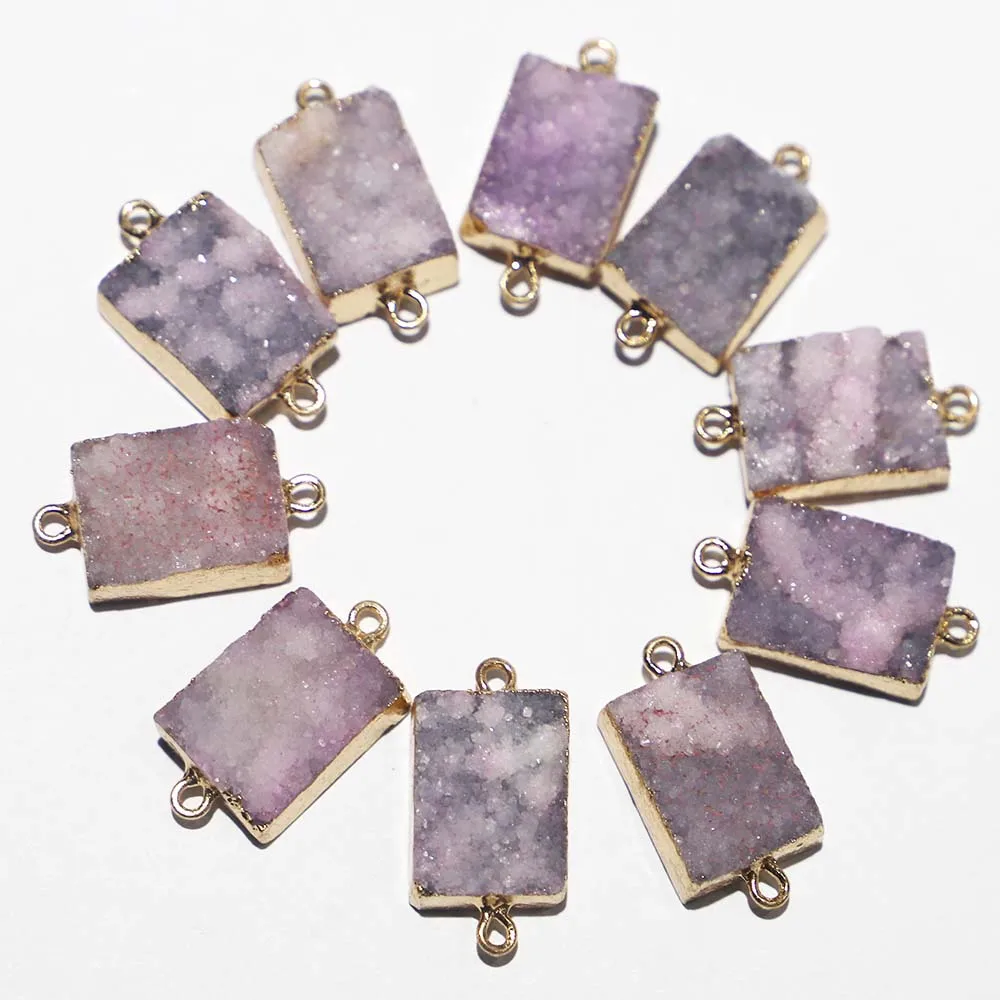 Natural Raw Stone Pink Crystal Cluster Pendants Electro Plated Pack With Gold Edge Connector Hand Charms Necklace Accessory 8Pcs