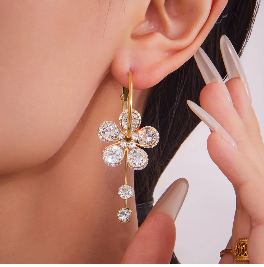 Gold Farbe Silber Luxus Zirkon Tropfen Ohrringe frauen Edelstahl Vergoldet Blume Ohrringe Femme Charming Schmuck Geschenk – Detail 5