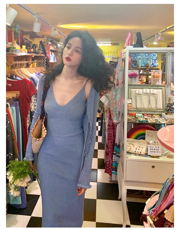 Vintage Chic Knitted 2-piece Dress Set Women Crop Cardigan V-neck Spaghetti Strap Bodycon Midi Dress Autumn New Female Clothing
