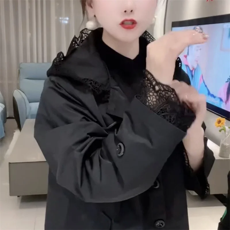 Cappotto giacca a vento europeo da donna Primavera Autunno 2025Nuova giacca temperamento Cuciture con cappuccio in pizzo Capispalla Moda donna Overwear 6