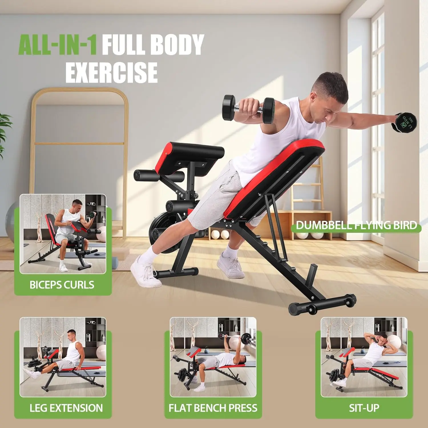 Adjustable Weight Bench, Workout Bench Press with Leg Extension & Preacher Curl Pad, Flat/Incline/Decline Sit-Up Bench