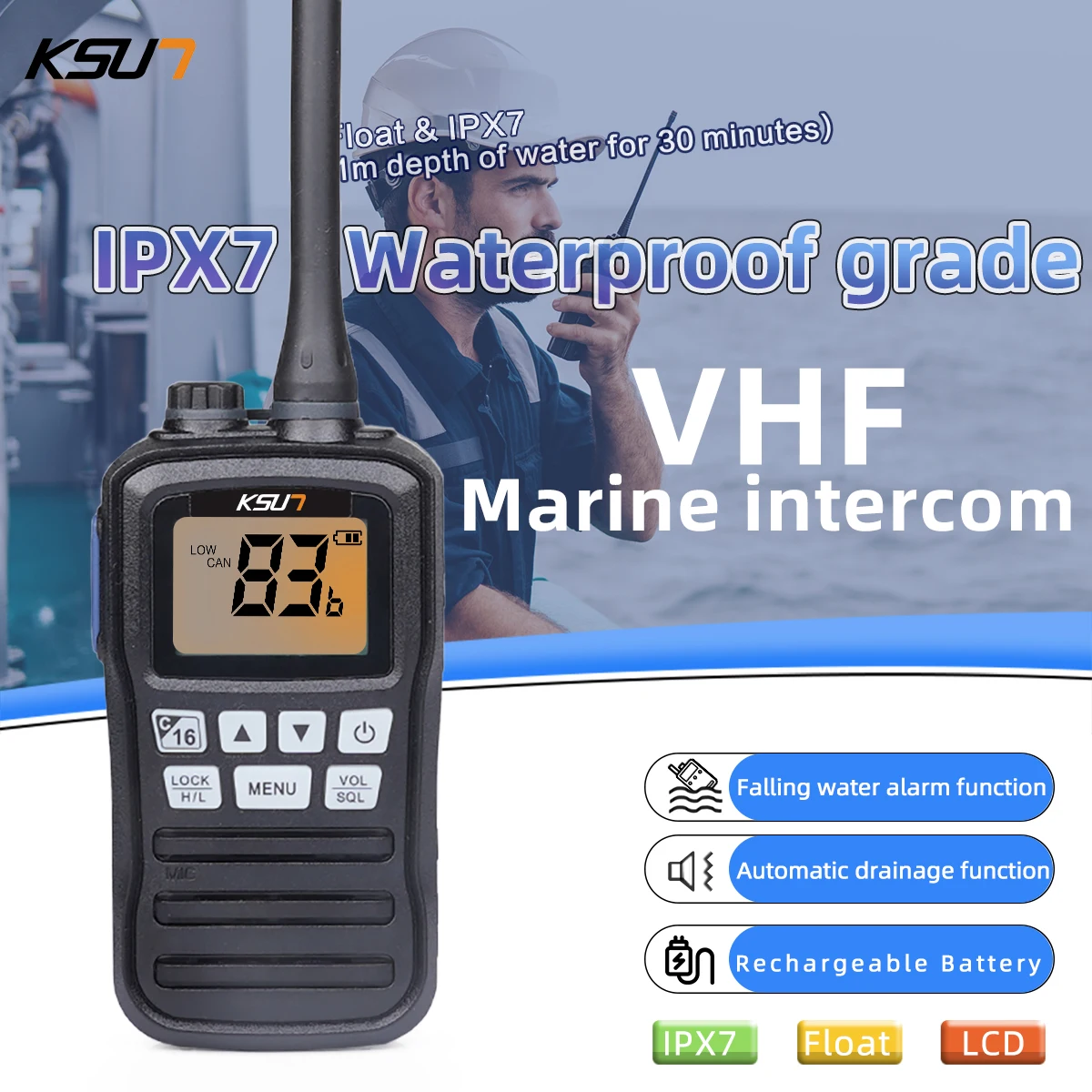 

Floating Handheld Radio VHF Marine Walkie Talkie Boat Radio Waterproof IP-X7 Submersible 1W 3W Long-Range Communication KSUTP25