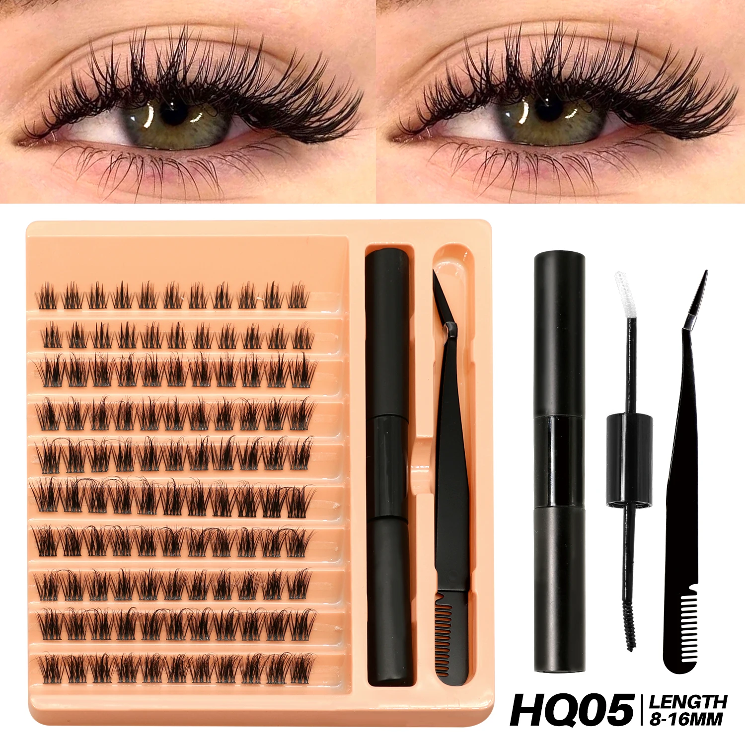GROINNEYA Clusters Lashes Kit DIY Eyelashes Lash Clusters Set Eyelash Extension Kit Lash Bond And Seal And Eyelash Tweezers 50