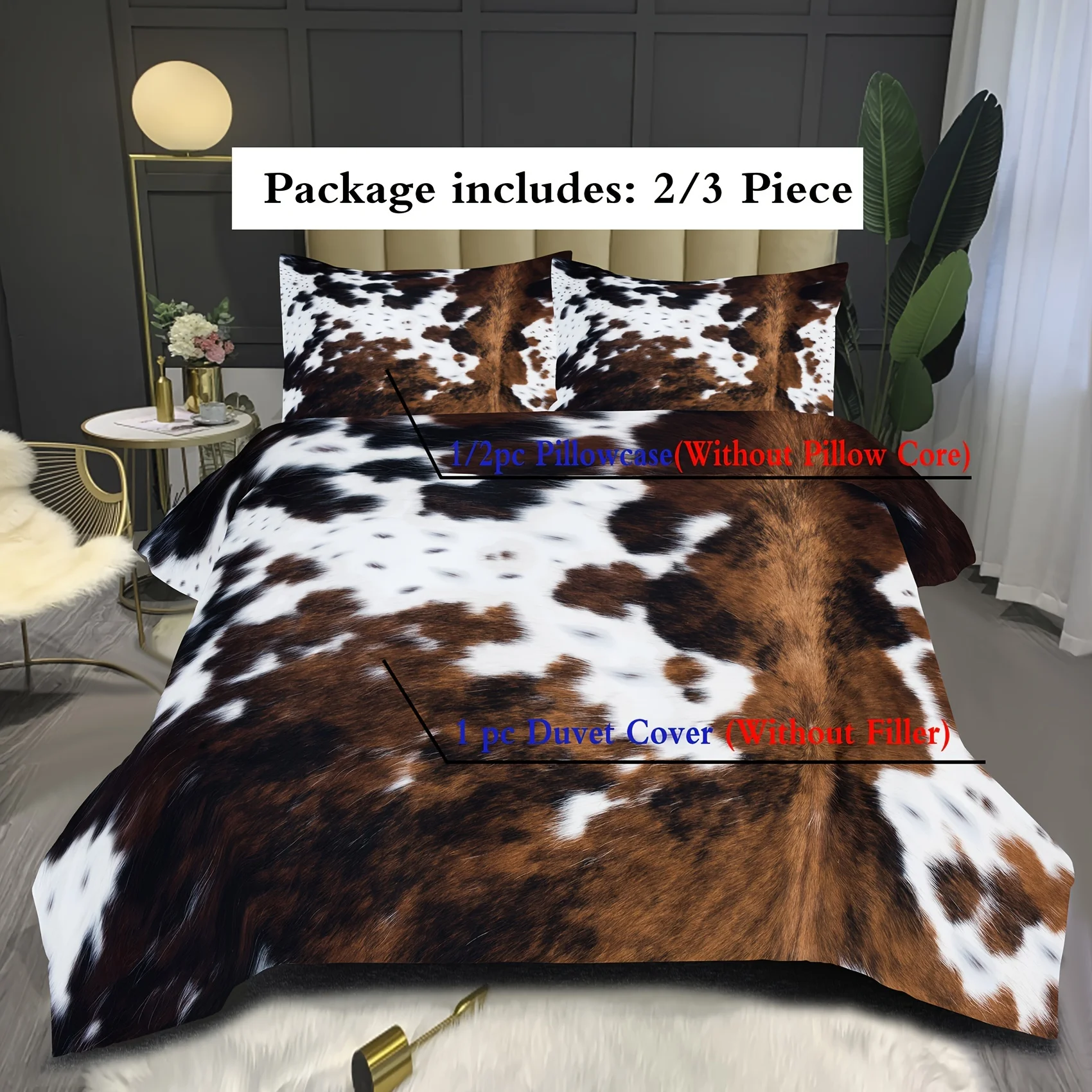 Brown And Black Cow Pattern Yak Leather Bedding Set with Washable Ultra-Fine Microfiber Duvet Cover, Soft And Comfortable