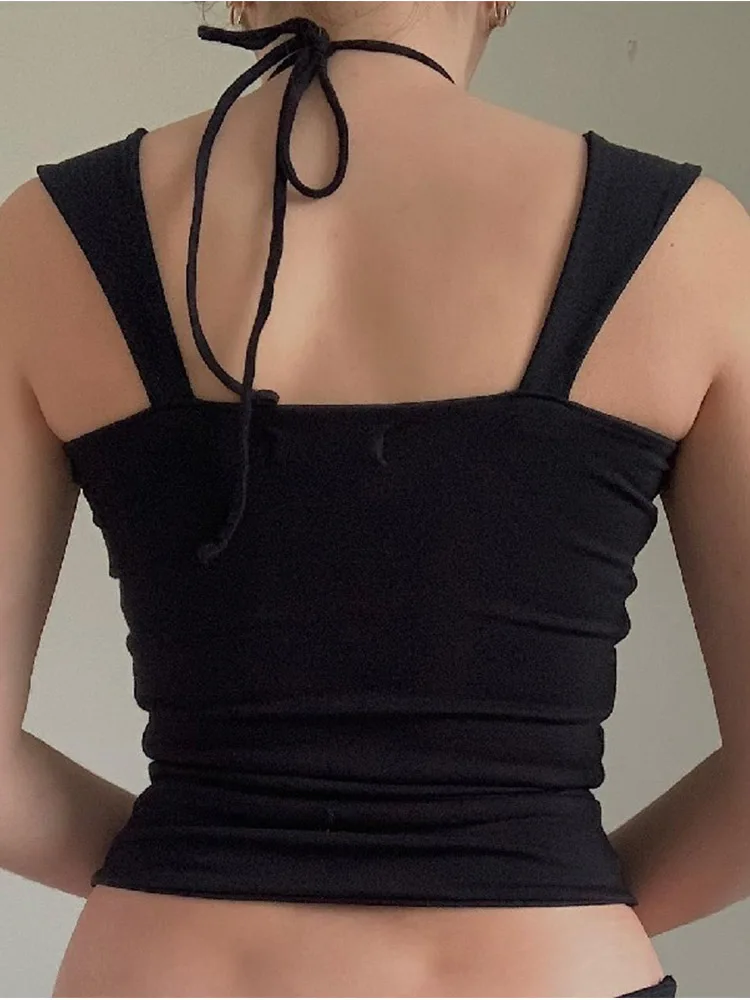 Vintage Black Square-neck Halter Tank Top Sexy Slim Pleated Backless Summer Crop Tops 2025 Women Sleeveless Bodycon Vest