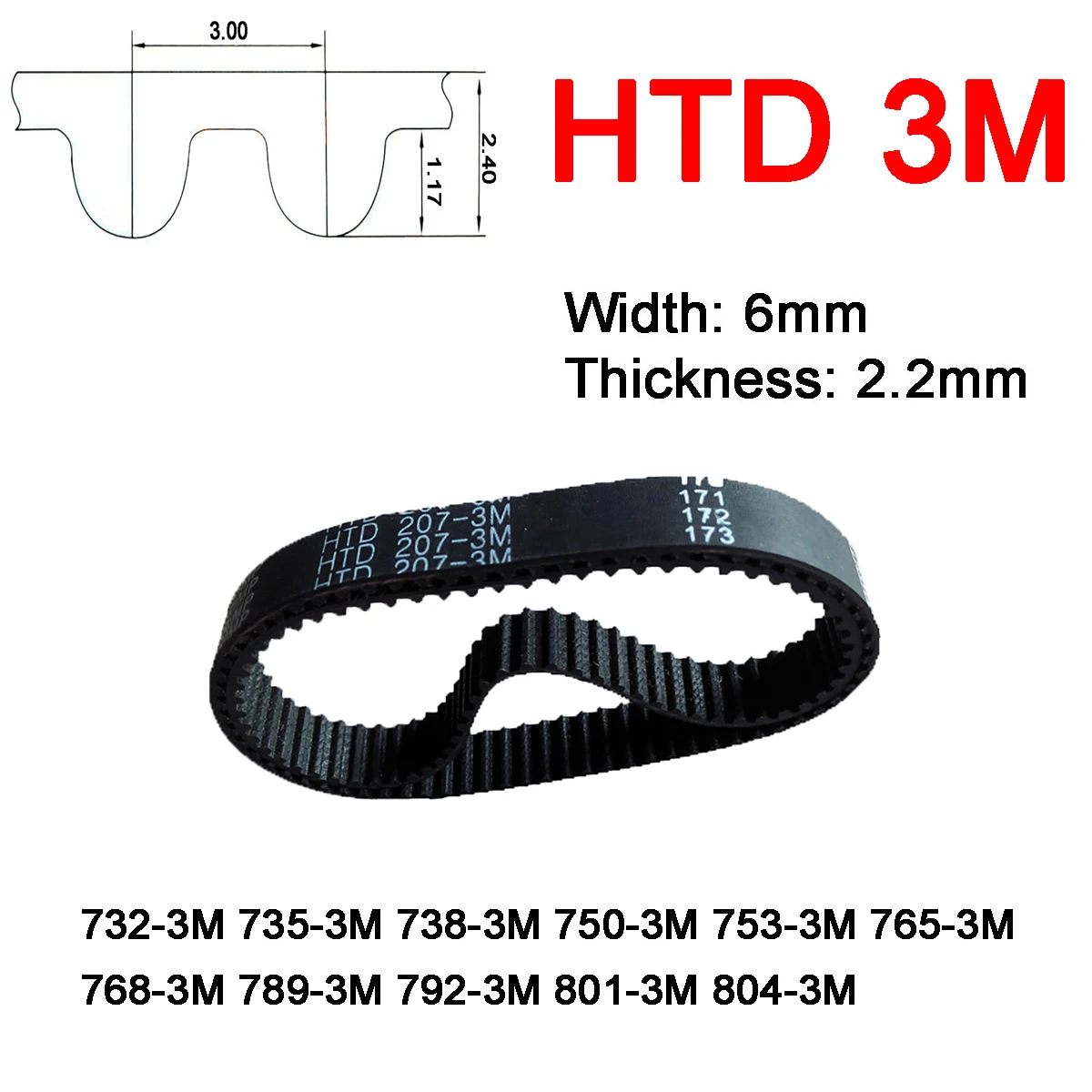 

1Pc Width 6mm 3M Rubber Arc Tooth Timing Belt Pitch Length 732 735 738 750 753 765 768 789 792 801 804mm Synchronous Belt Closed