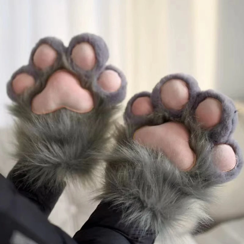 

1 Pair Cute Plush Furry Cat Claw Gloves Thicken Velvet Faux Fur Cat Paws Mittens Fluffy Bear Paw Glove Halloween Cosplay Costume