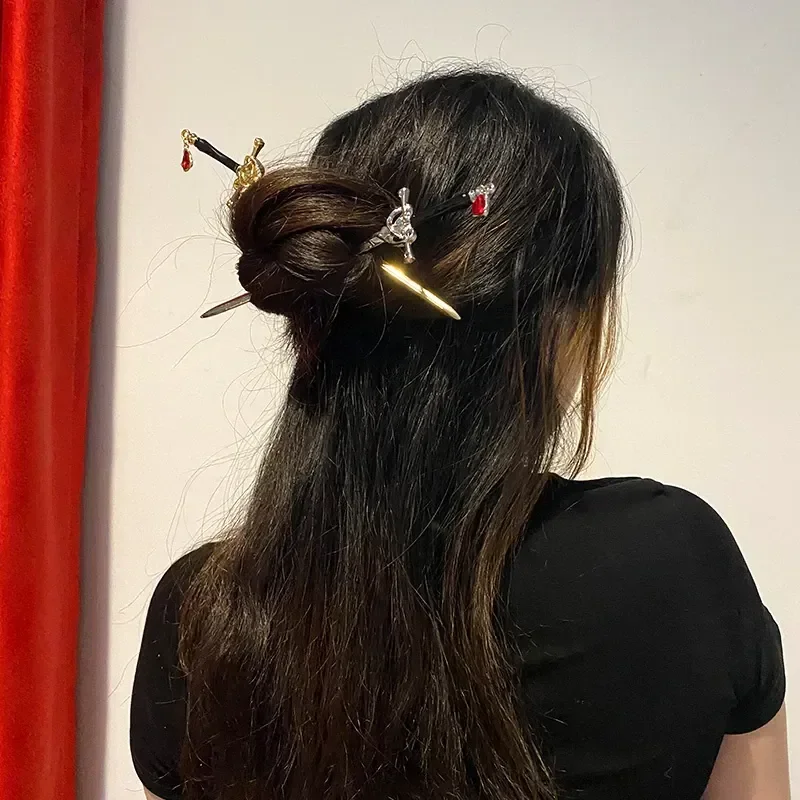Hair stick Punk Ruby Pendant Sword Hairpin Chinese Simple Hair Sticks for Women DIY Hairstyle Hair Dish Accessories Trendy