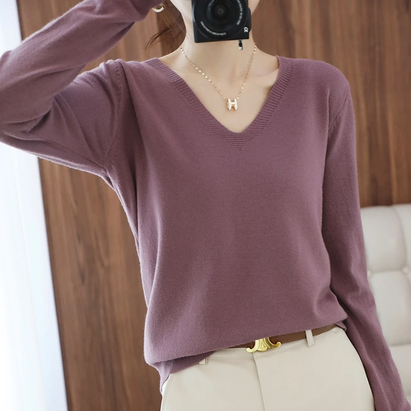 

V-Neck Long-Sleeved Cashmere Sweater Women's Autumn and Winter New Knitted Loose Bottoming Shirt Large Size Long-Sleeved Pullove