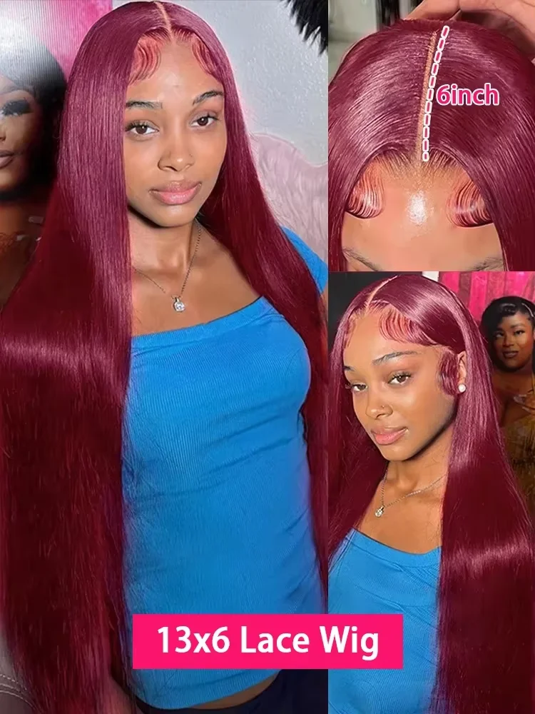 99j Burgundy Lace Front Human Hair Wig 40 Inch 13x6 Straight Lace Frontal Wigs HD Transparent Lace Colored Red Wig For Women