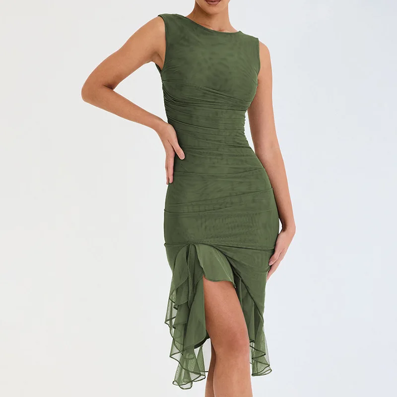 

Women's Season New Fashion Round Neck Sleeveless Dress Sexy Sheath Halter Pleated MIDI Skirt