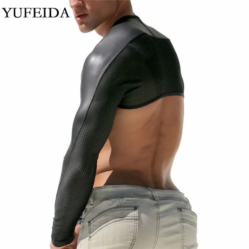 Sexy Mens Body Chest Harness Mesh PU Leather Arm Sleeves Shrug Long Sleeve Crop Tops Stage Sleeve Catwalk Clubwear Exotic Tanks