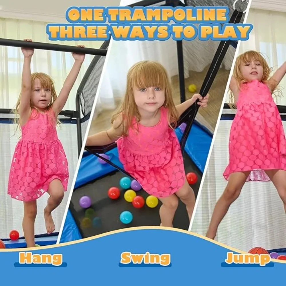 6FT Kids Trampoline with Horizontal Bar & Swing Rectangle Toddler Trampoline with Safety Net Outdoor/Indoor Trampoline for Kids 2