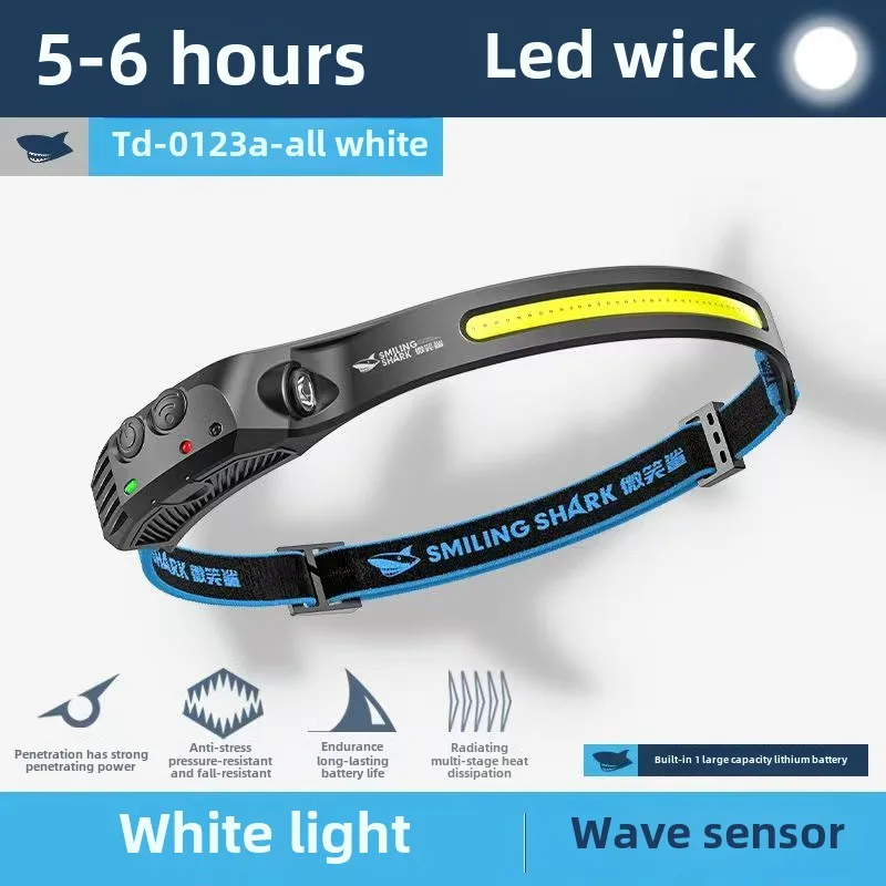 פנס ראש SMILING SHARK COB עם חיישן LED חזק, טעינת USB וסוללה לדיג ורכיבה בחוץ