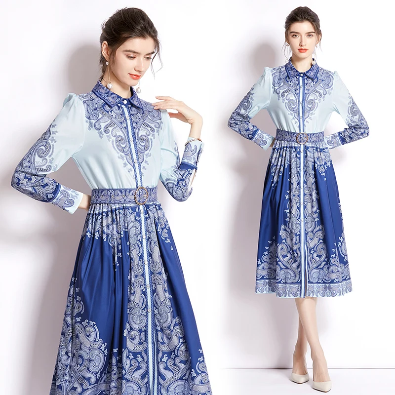 

Original design - 2022 lapel printing long lantern sleeve dress in spring and summer