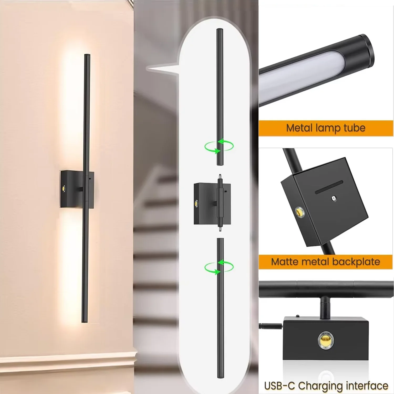 Rechargeable LED Wall Lamp Rotatable Segmented Warm Light For Living Room Bedroom Hallway Study Room Restroom Indoor Lighting