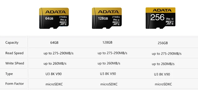 ADATA Micro SD Card 64GB Micro SD 128GB Flash Memory Card SD 256GB U3 8K  V90 Microsd up to 275-290Mb TF Cards for PC Phone