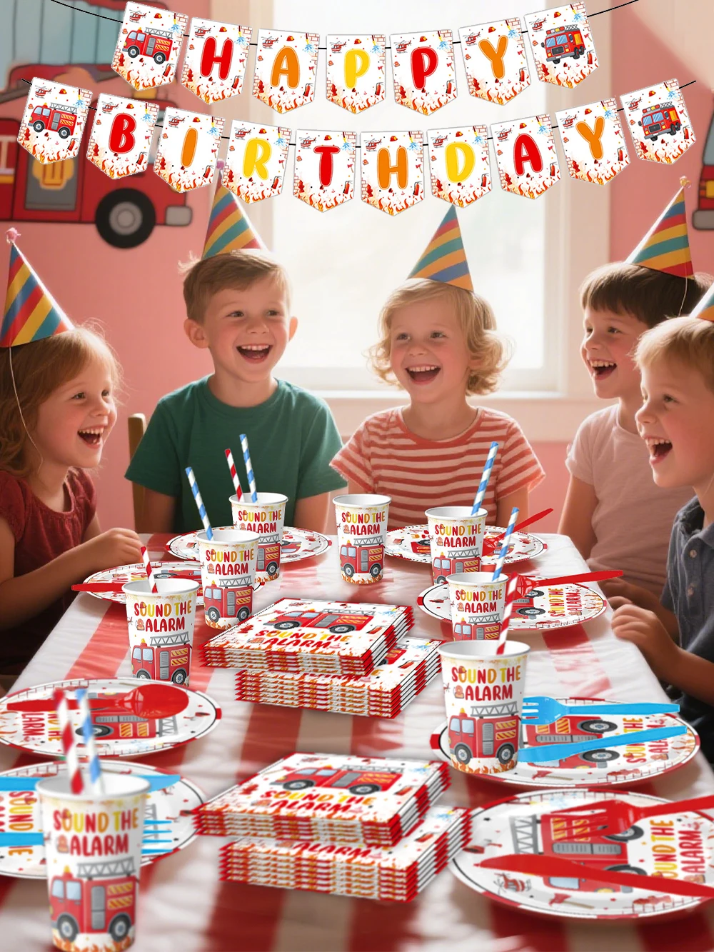 Feuerwehrauto-Partyzubehör, Geschirr, Teller, Servietten, Tasse, Tischdecke, Banner, Kinder, Jungen, Feuerwehrmänner, Feuerwehrmann, Geburtstagsparty-Dekoration – Detail 1