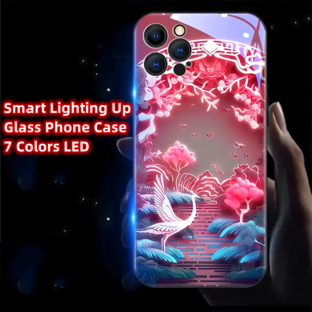 Shining Lucky Magpie Smart LED Light Glow Tempered Glass Phone Case For iPhone 15 14 13 12 11 Pro Max X XR XS Plus SE2020