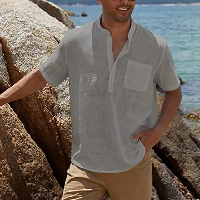 Men's Casual Shorts Sleeve Linen Shirts 