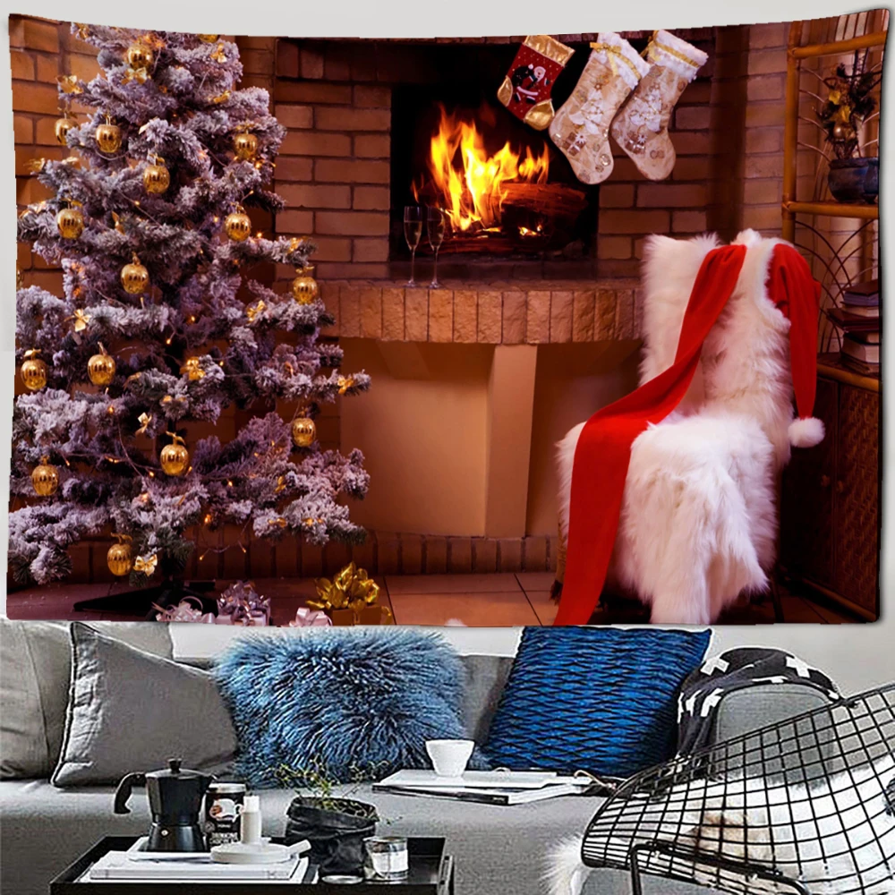 

Christmas Colorful Tapestries Santa Claus Tree and Fire Place Xmas Tapestries Bedroom Living Room Dorm Home Decor Wall Hanging