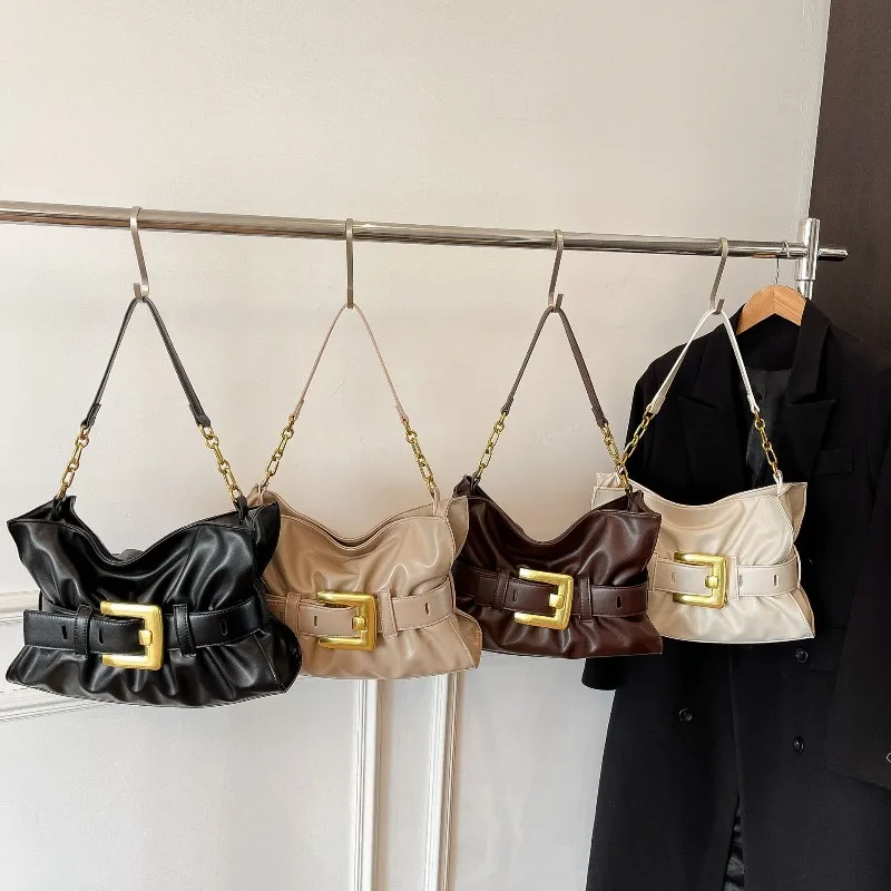 2025 New Niche Design Pleated Metal Belt Buckle Shoulder Bag for Women 2k Cool Girls High Quality Commuter Underarm Bag Female