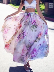 Jupe mi-longue en mousseline de soie pour femme, style bohème, imprimé floral, mode, vacances, été