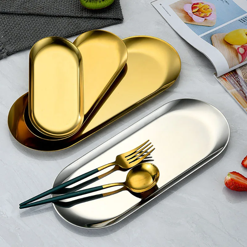 Oval Stainless Steel Gold Dining Plate Dessert Plate Nut Fruit Cake Tray Snack Kitchen Western Steak Kitchen Dish Fruit Plate Ceramic Dessert Plates